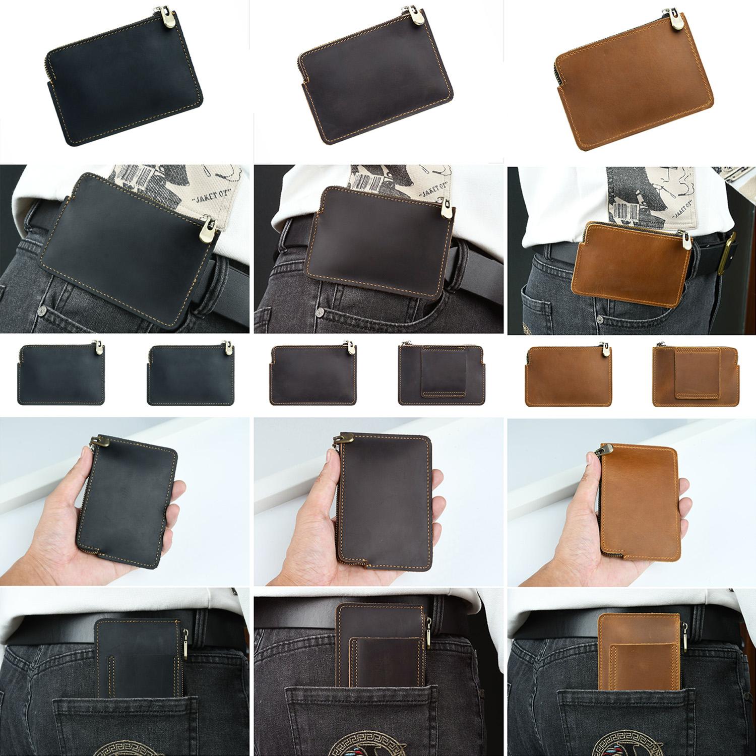 12 card full grain leather zippered belt loop card wallet