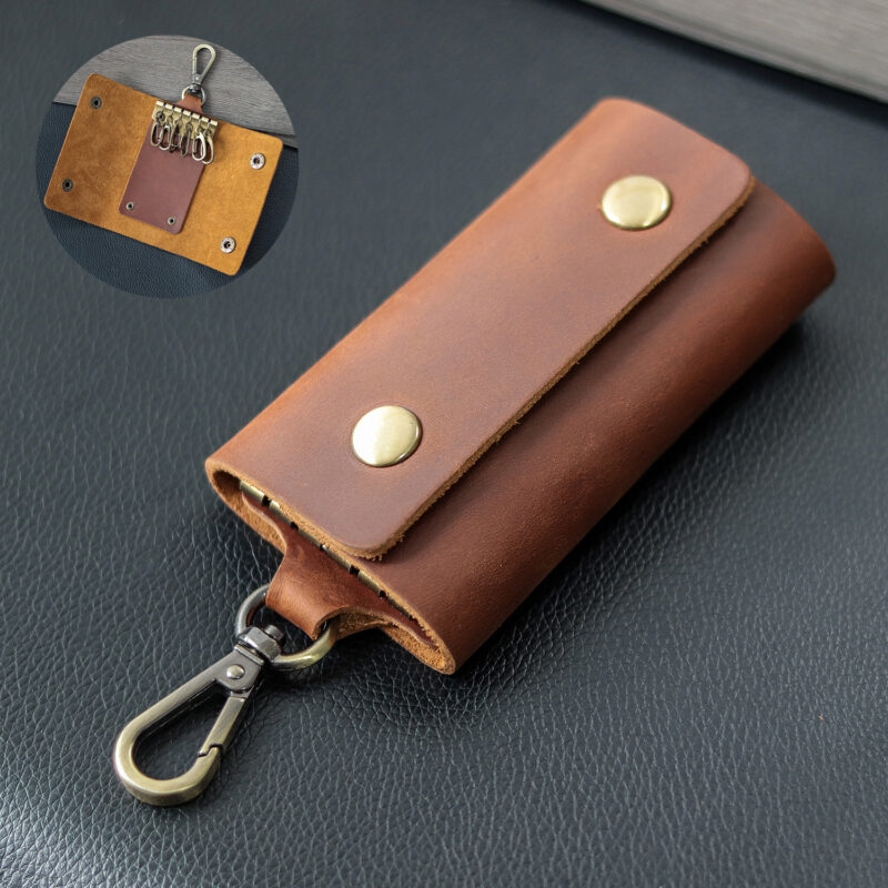 full grain leather 6 key case with snap hook