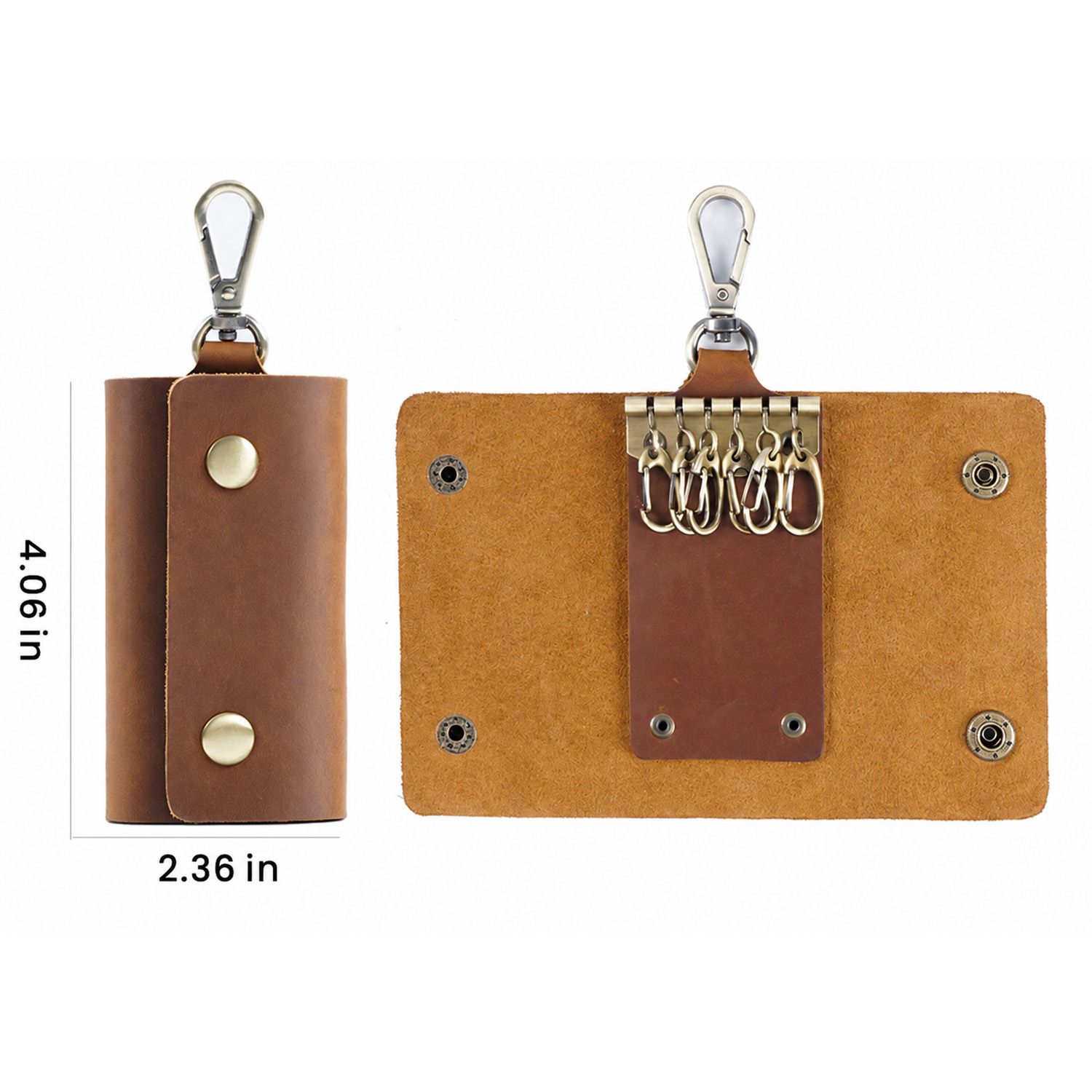 full grain leather 6 key case with snap hook