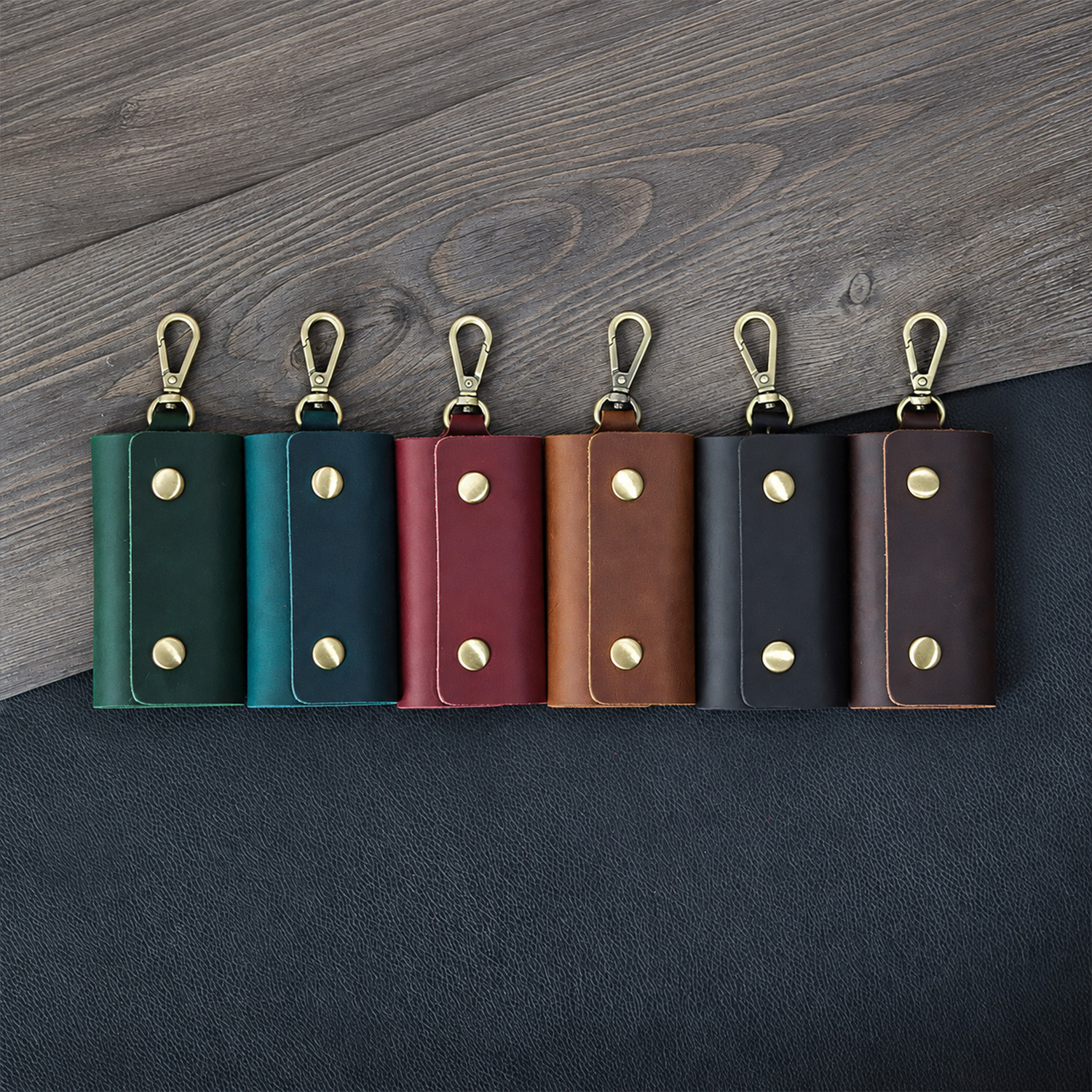 full grain leather 6 key case with snap hook