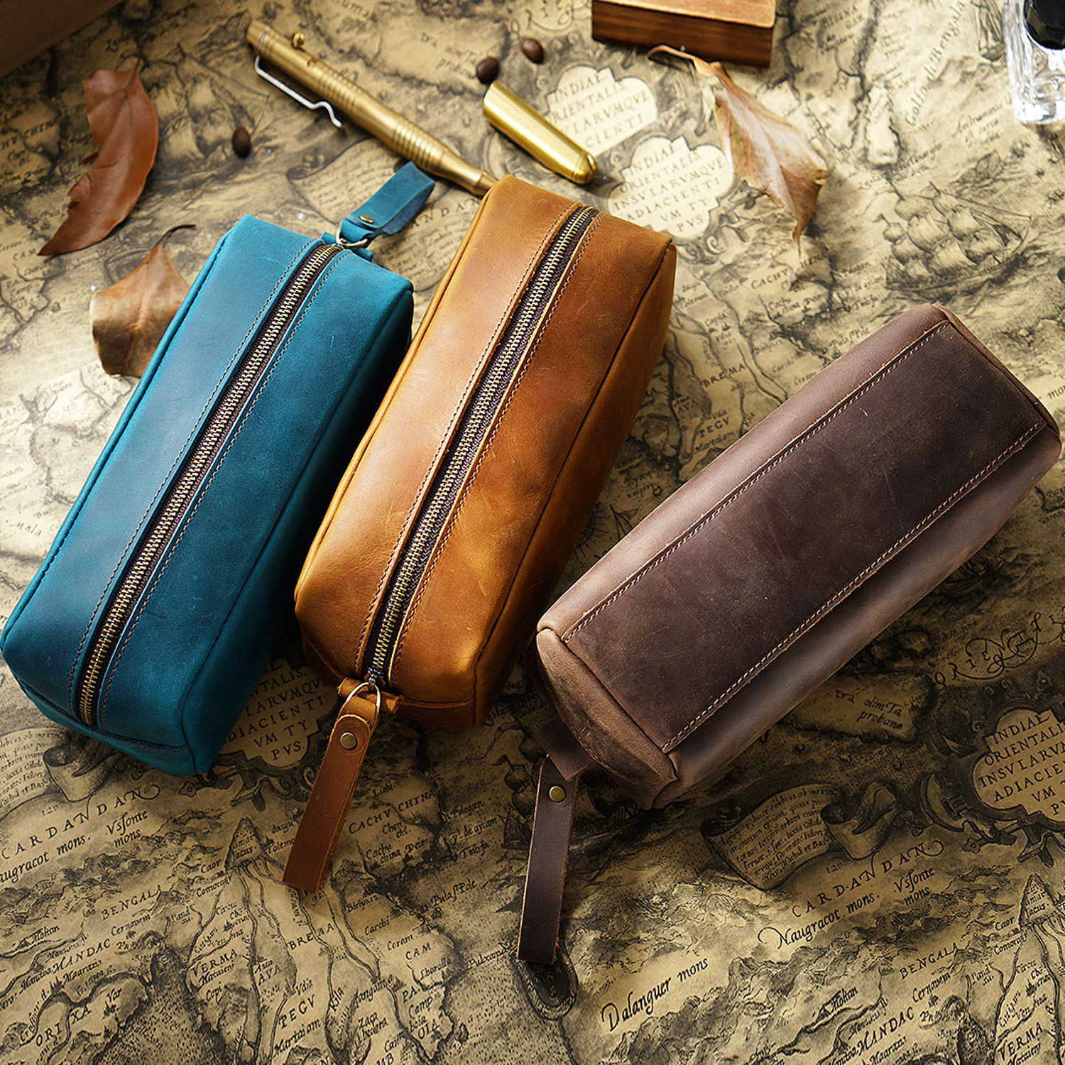 full grain leather zipper pencil case