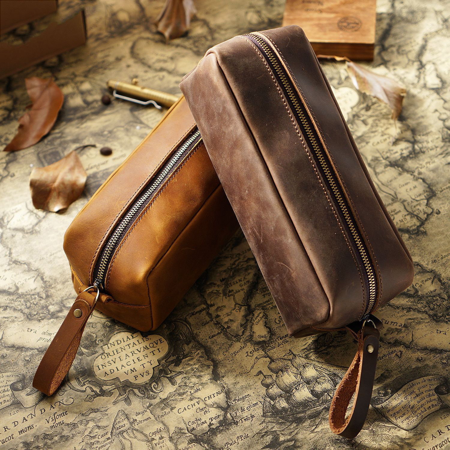 full grain leather zipper pencil case