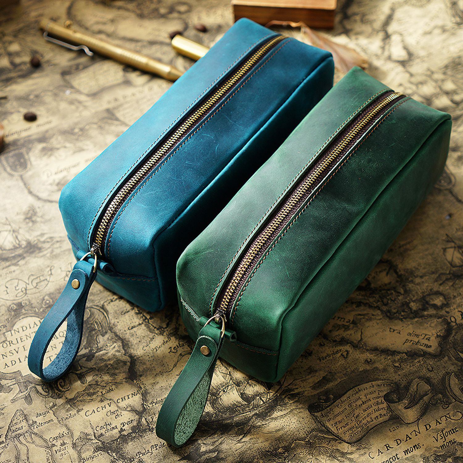 full grain leather zipper pencil case