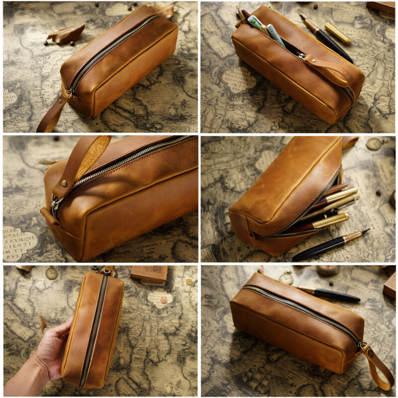 full grain leather zipper pencil case