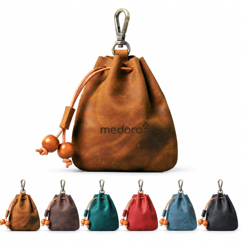 full grain leather drawstring pouch with swivel clip