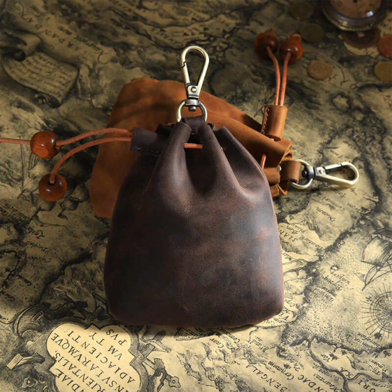 full grain leather drawstring pouch with swivel clip