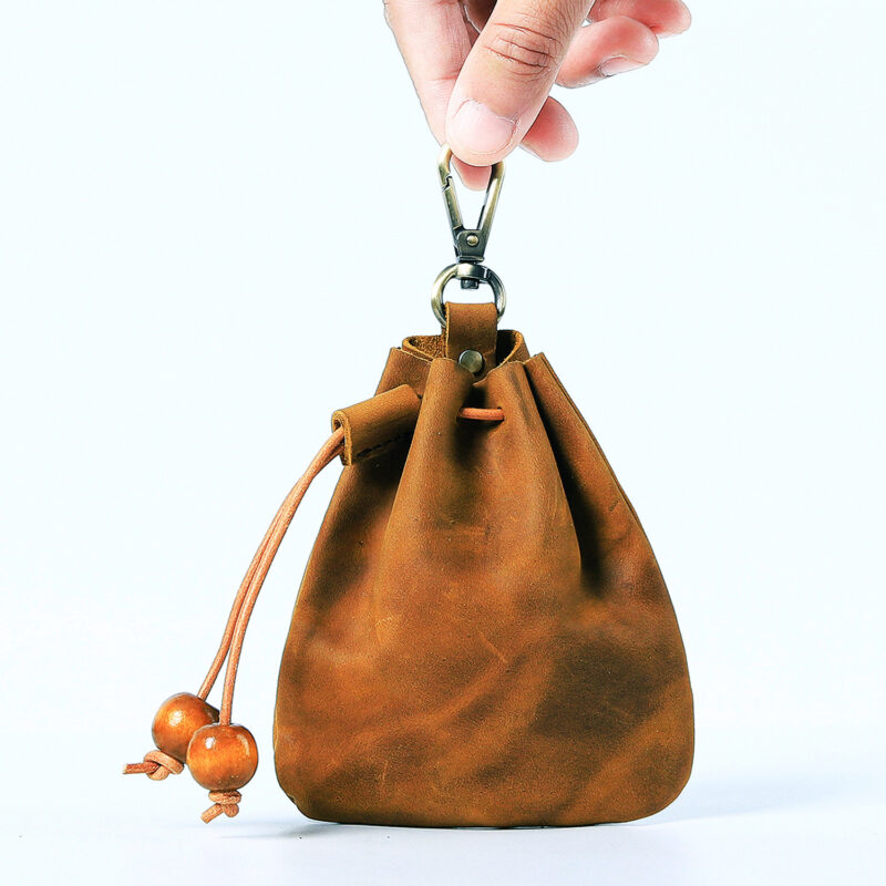 full grain leather drawstring pouch with swivel clip