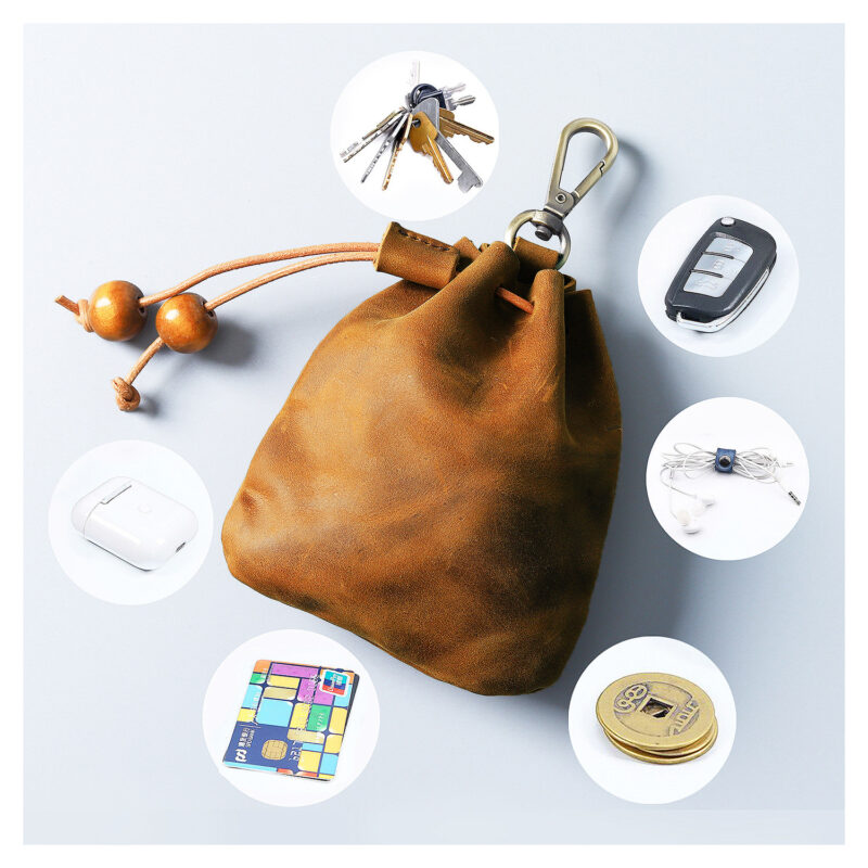 full grain leather drawstring pouch with swivel clip