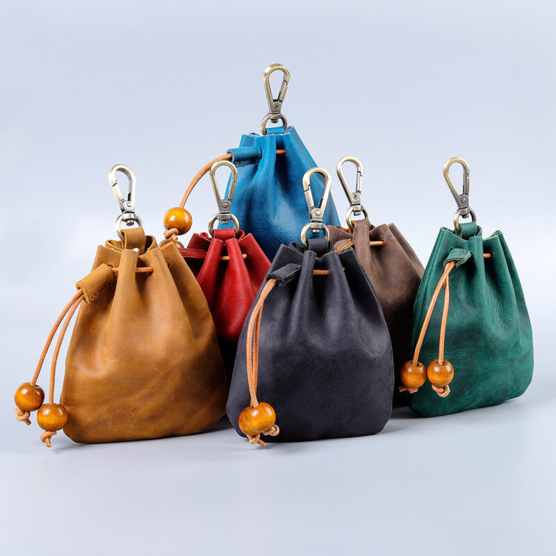 full grain leather drawstring pouch with swivel clip