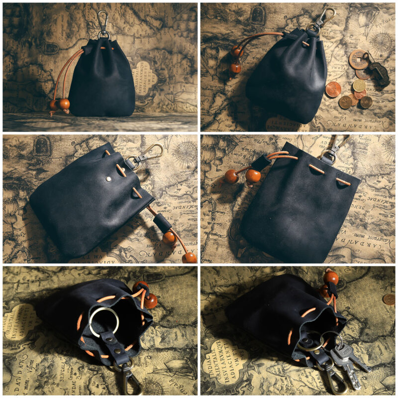 full grain leather drawstring pouch with swivel clip
