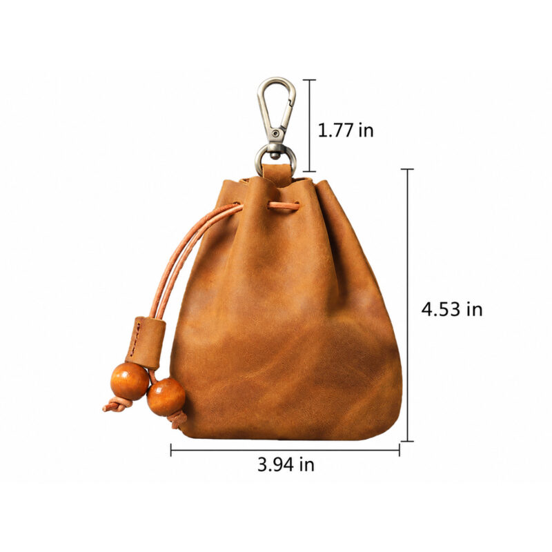 full grain leather drawstring pouch with swivel clip
