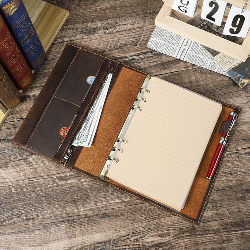 full grain leather a5 6 ring refillable padfolio