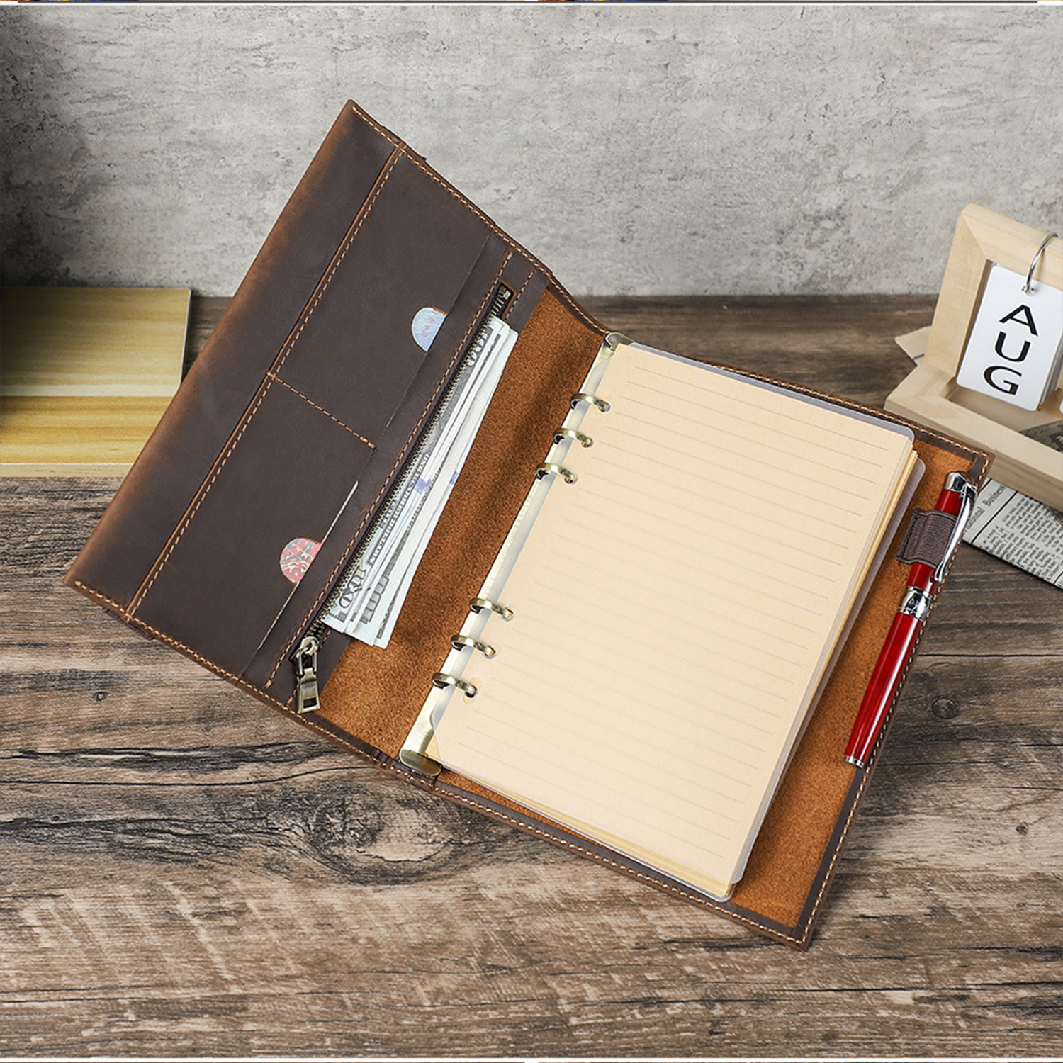 full grain leather a5 6 ring refillable padfolio