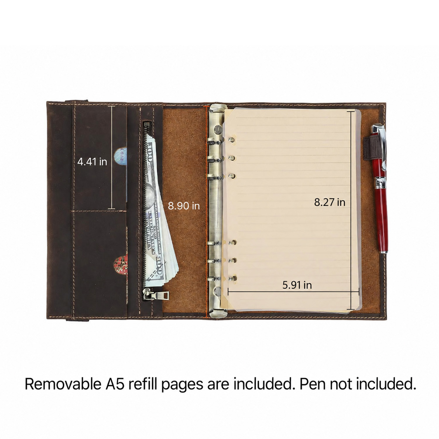 full grain leather a5 6 ring refillable padfolio